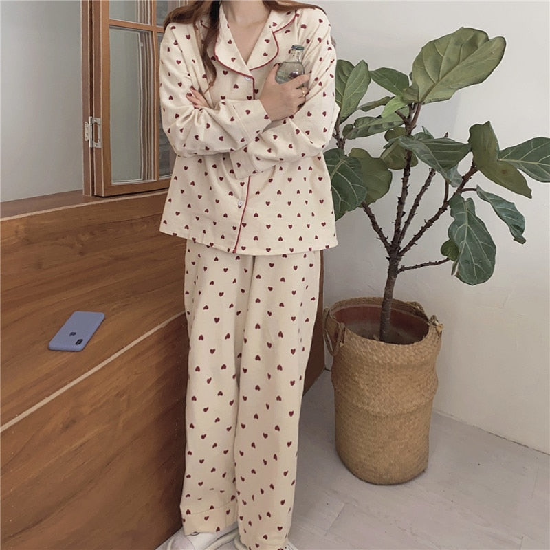 goosudu Cotton Pajamas Set Comfortable Long Sleeve Lovely Sweet Leisurewear Home Suit Spring Sleepwear Soft Korean Heart Print Kawaii