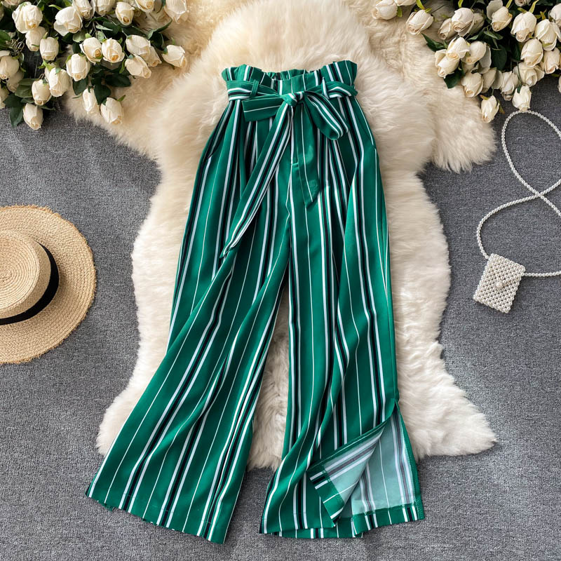 goosudu Summer New Fashion All-match Women's Casual Pants Retro Striped Color Slim Long Slit Wide Leg Pants DK1053