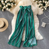 goosudu Summer New Fashion All-match Women's Casual Pants Retro Striped Color Slim Long Slit Wide Leg Pants DK1053
