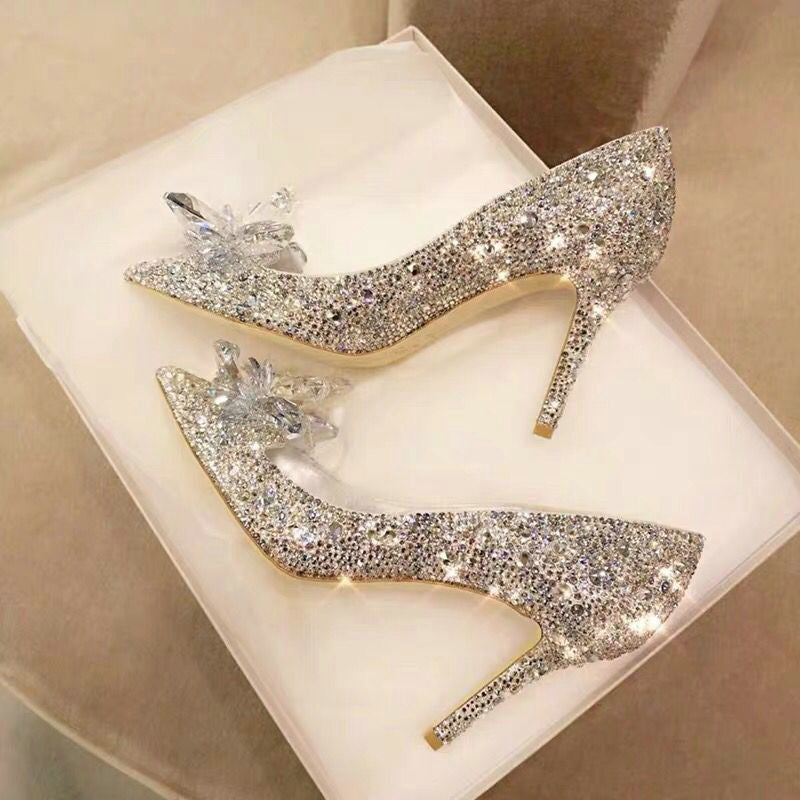 woloong  Newest  Cinderella Shoes Rhinestone High Heels Women Pumps Pointed toe Woman Crystal Party Wedding Shoes 5cm/7cm/9cm