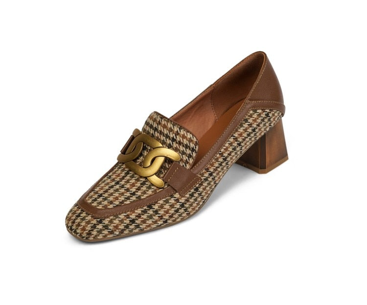 woloong  Spring/Autumn New Women Party Prom Square Heeled Pumps Basic Concise Pumps Cow Leather Brand Round Toe Loafers Woman