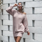 Aieru Women's Autumn and Winter New Knitted Sweater Dresses Casual Off Shoulder Lantern Sleeve Knitted Sweater Skirts Pull Femme 18045