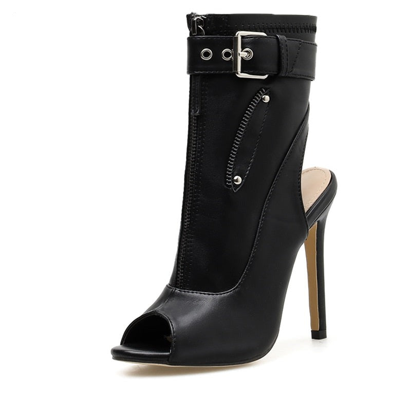 Summer New Womens Ankle Boots Sandals High Quality PU Leather Buckle Strap Zip Stiletto Heels Plus Size 35-40 Shoes