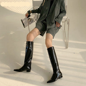 woloong  New INS Women Knee-high Women Boot Shoes Low Heel Slip On Long Boots Brand Designer Pointed Toe Chelsea Boots