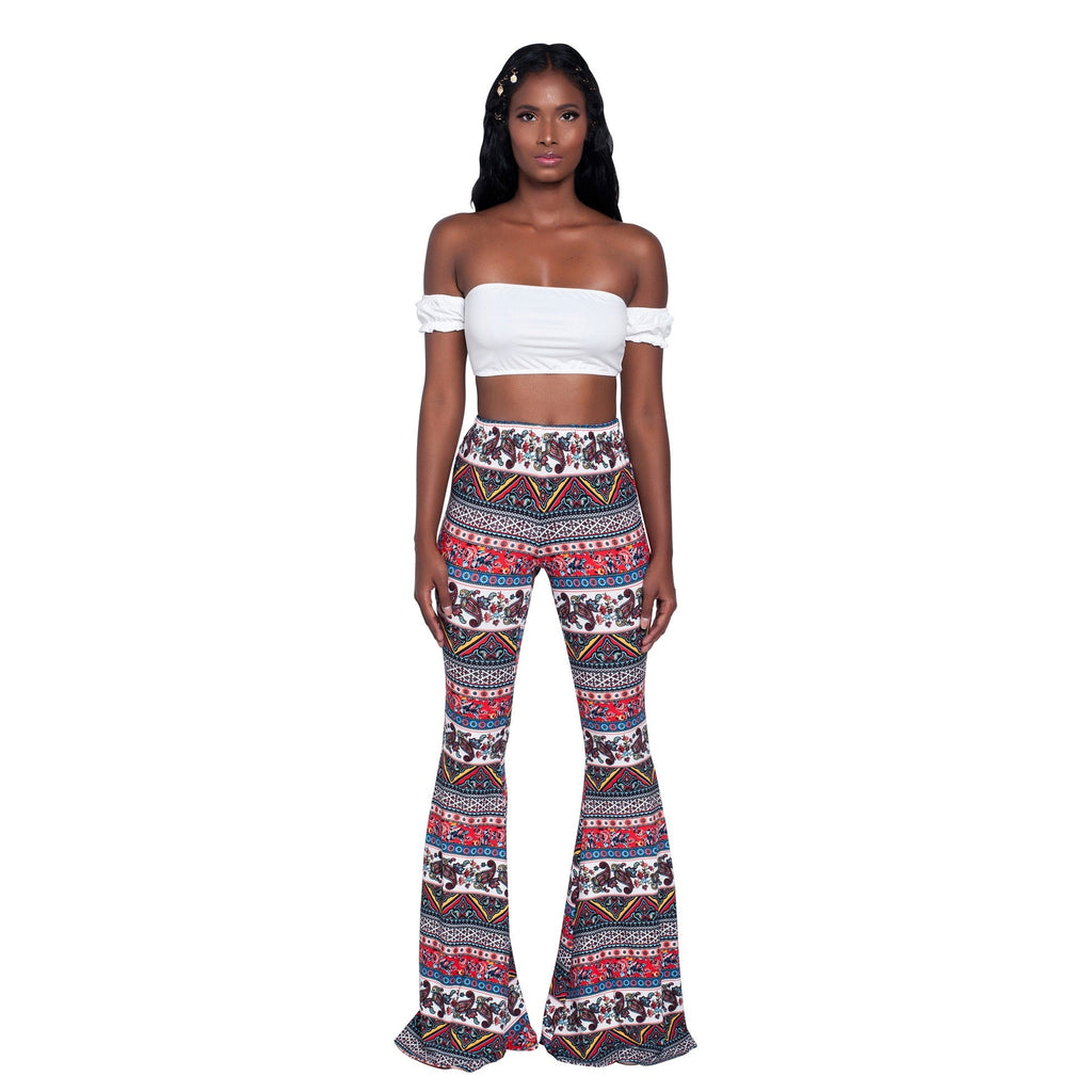 goosudu Summer New Women High-Waist Stretch-Print Trousers Wide-Leg Loose-Fitting Trousers Sexy Flared Pants Bottom Casual Leggings