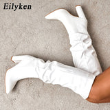 woloong New Brand Ladies Knee-High Boot Winter Folds Warm Square Heels Shoes Fashion Sexy Long Boots Solid Color Footwear