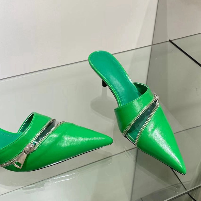 woloong  Summer New Women Slipper Fashion Brand Zipper Pointed Toe Slip On Ladies Elegant Mules Shoes Thin High Heel Slide