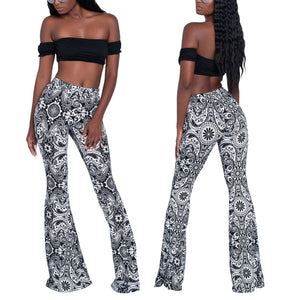 goosudu Summer New Women High-Waist Stretch-Print Trousers Wide-Leg Loose-Fitting Trousers Sexy Flared Pants Bottom Casual Leggings