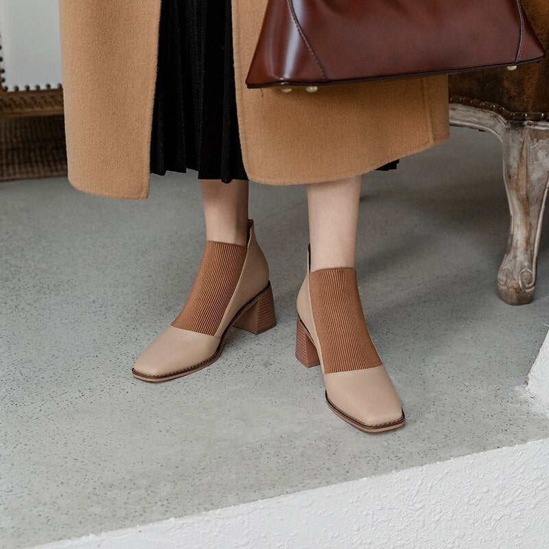 woloong  Fashion Comfortable Genuine Leather Women's Ankle Boots Elegant Square Toe Thick Heels Pumps Party Casual Shoes Woman New