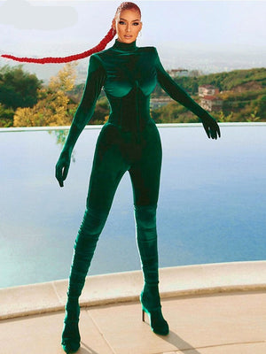 goosudu  Solid Velvet With Corset Gloves Sexy Bodycon Jumpsuit Summer Fall Slim Party Club Elegant Streetwear Outfit Y2K