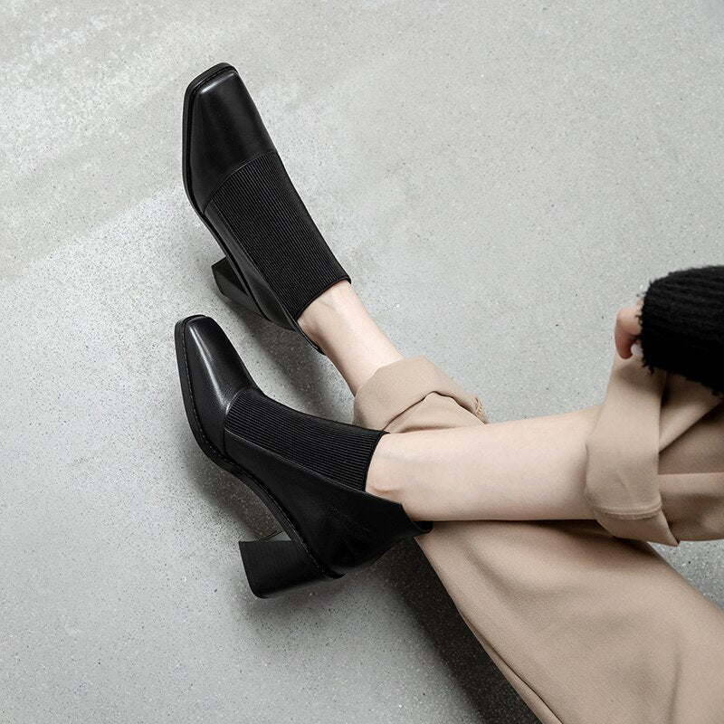 woloong  Fashion Comfortable Genuine Leather Women's Ankle Boots Elegant Square Toe Thick Heels Pumps Party Casual Shoes Woman New