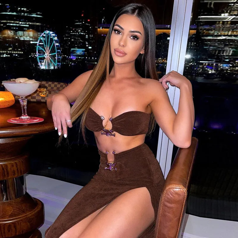 Sexy Strapless Crop Tube Top High Waist Slit Maxi Dress 2 Pcs Suits Fall Women Fashion Streetwear Vestido Y2K