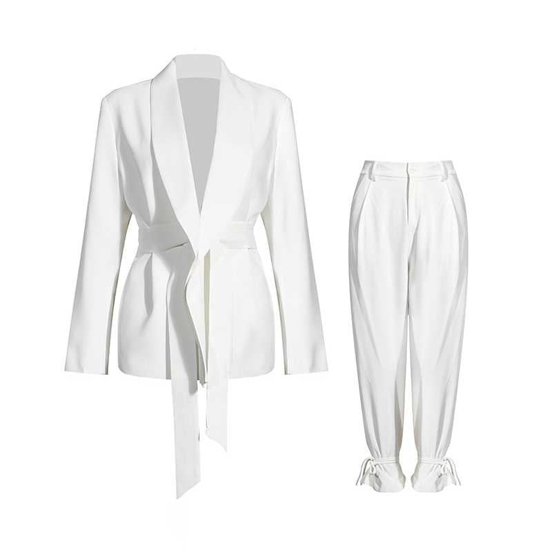 woloong  Solid Color Korean Two Piece Set Women Blazer High Waist Belt Lace-up Straight Pants Suits Female Fashion New