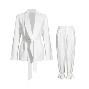 woloong  Solid Color Korean Two Piece Set Women Blazer High Waist Belt Lace-up Straight Pants Suits Female Fashion New