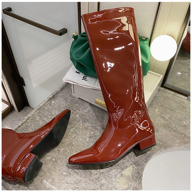 woloong  New INS Women Knee-high Women Boot Shoes Low Heel Slip On Long Boots Brand Designer Pointed Toe Chelsea Boots