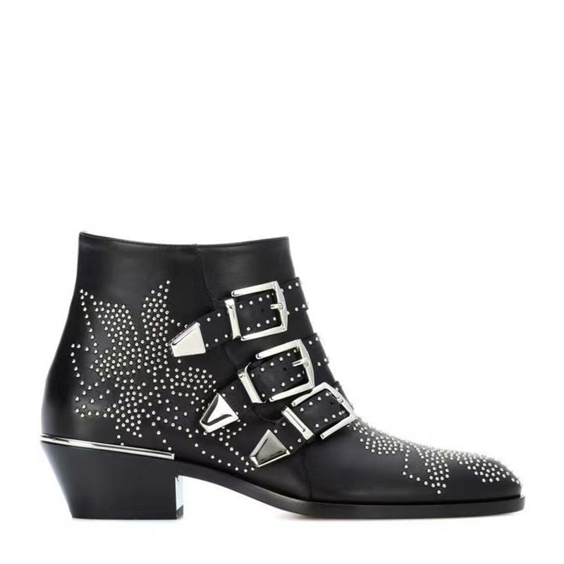 Studded Real Leather Ankle Boots Women Round Toe Rivet Flower Martin Short Boots Cowhide Thick Heel Low New Heel Women's Shoes
