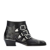 Studded Real Leather Ankle Boots Women Round Toe Rivet Flower Martin Short Boots Cowhide Thick Heel Low New Heel Women's Shoes