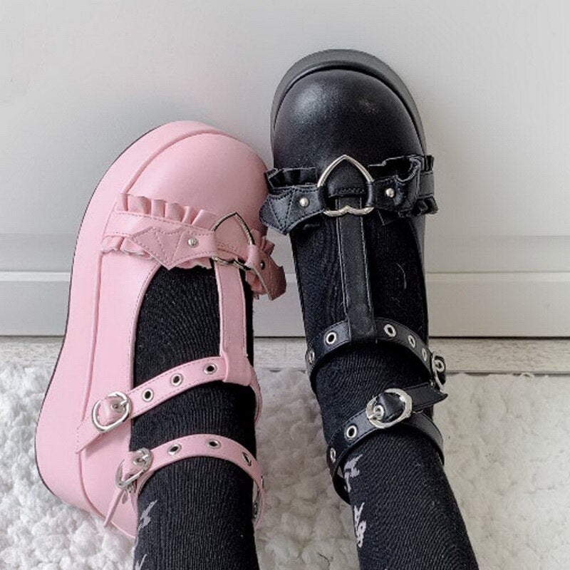 woloong New Chunky Platform Lolita Shoes Woman Flats Sweet Heart Buckle Mary Janes Shoes Pink T-Strap Punk Gothic Cosplay Shoes 35-43