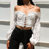 Women Off Shoulder Blouse Ladies Long Sleeve Slash Neck Hollow Lace Loose Shirt Tee Sexy Casual Tops Blusas Femininas Hot New