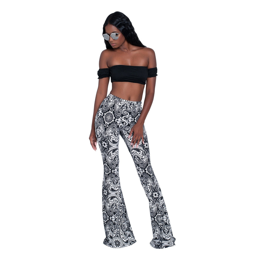 goosudu Summer New Women High-Waist Stretch-Print Trousers Wide-Leg Loose-Fitting Trousers Sexy Flared Pants Bottom Casual Leggings
