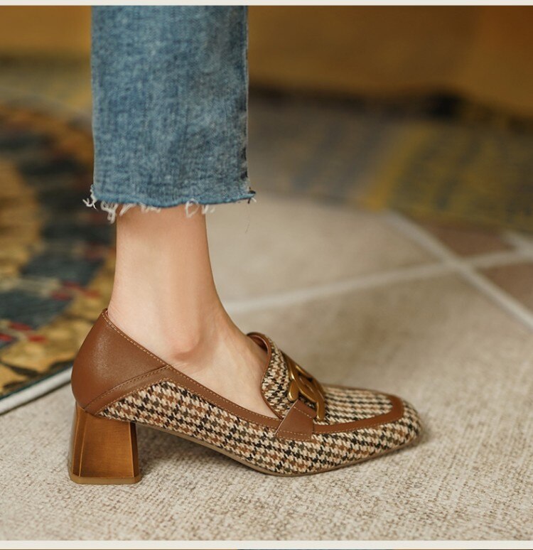 woloong  Spring/Autumn New Women Party Prom Square Heeled Pumps Basic Concise Pumps Cow Leather Brand Round Toe Loafers Woman