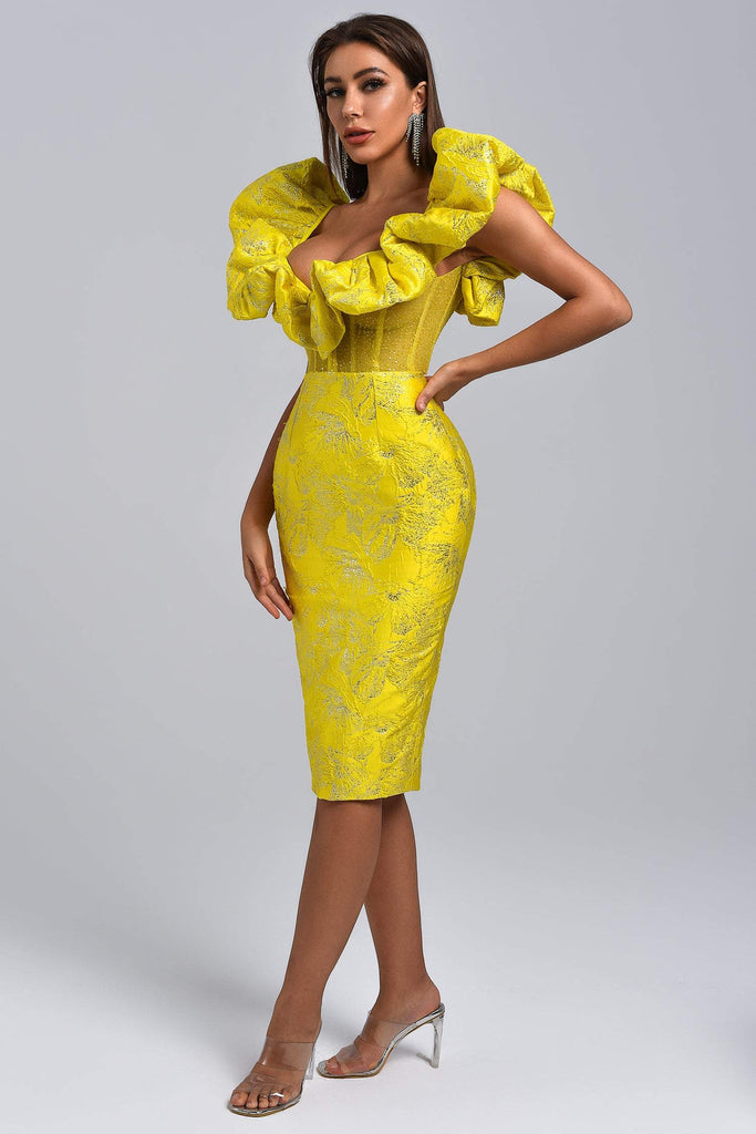 goosudu Jacquard Off Shoulder Midi Dress - Yellow