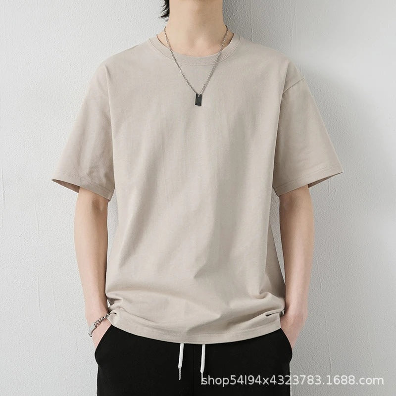 GOOSUDU Small Sweet Potato Popular Heavy Cotton Short-Sleeved T-shirt Men's and Women's Loose Solid Color Men's round Neck White T Menswear T-shirt Summer