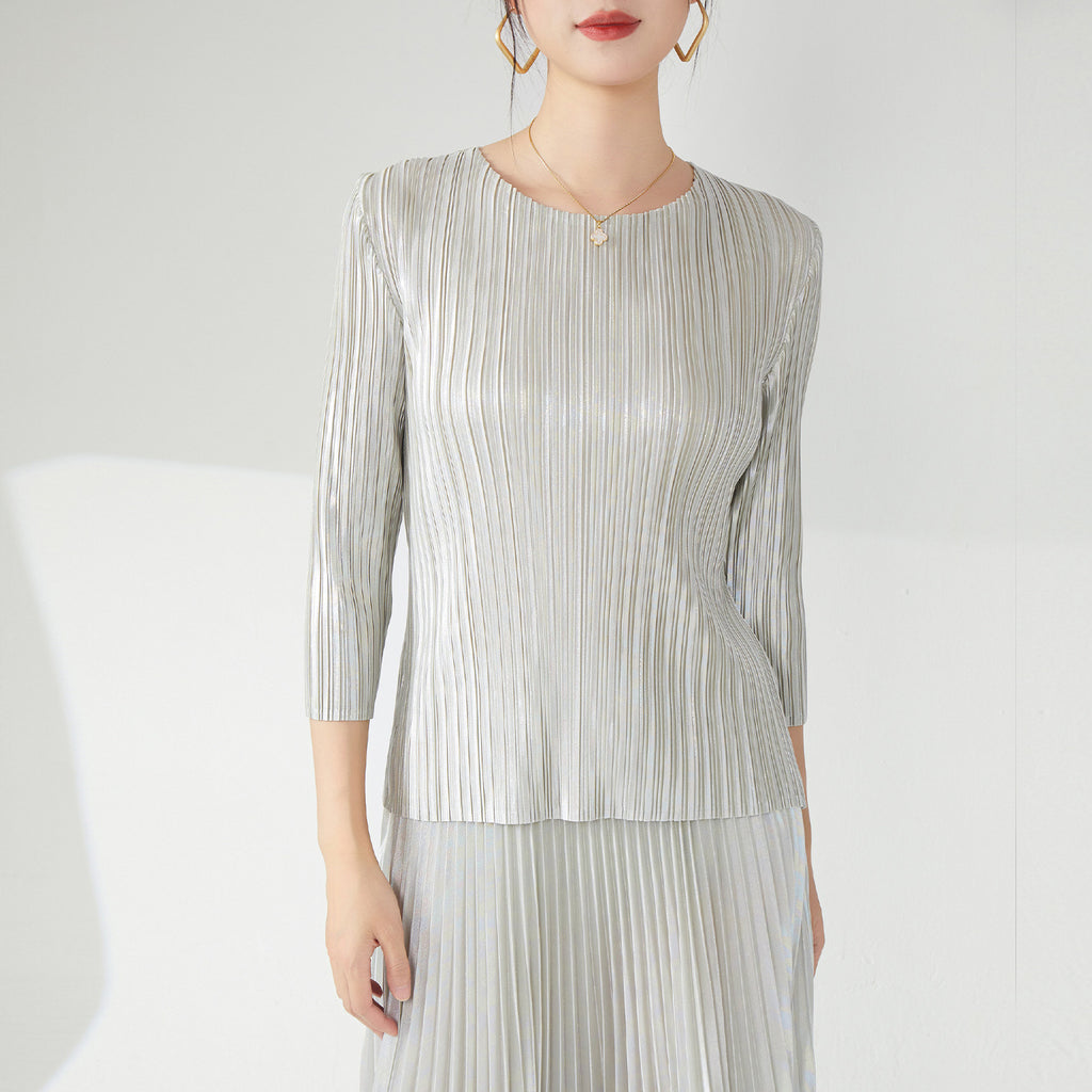 2025 Pleated suit women's fashion high-end women's clothing spring and autumn new hardware girl crew neck T-shirt top fashion skirt