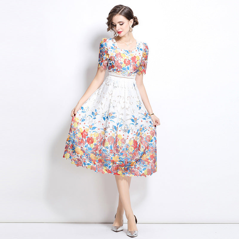 New hollow water-soluble lace print dress women's thin temperament round neck short sleeve medium and long skirt