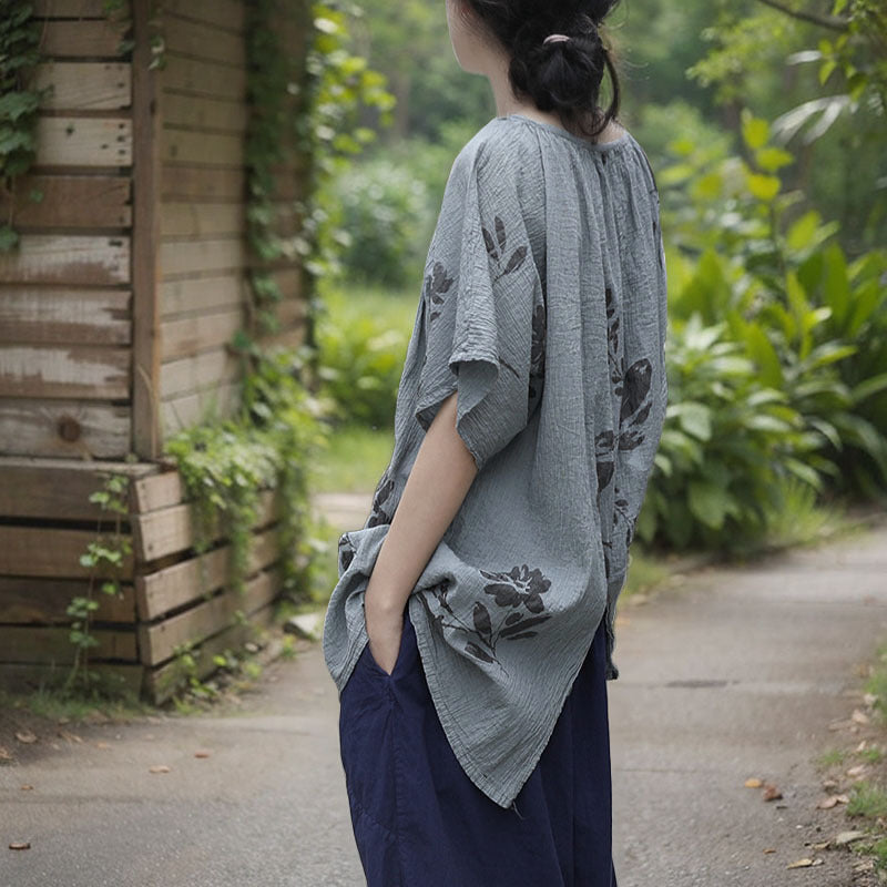 Shan Qian Nianyi, irregular hand-rubbed T-shirt literary and retro crepe cotton with split ends design feeling printed top