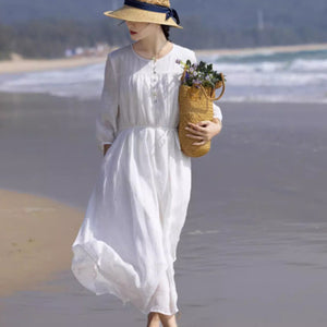 Dress  summer new temperament embroidery thin mid-sleeved big pendulum cool travel fairy vacation dress