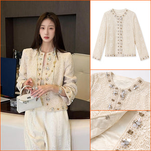 Spring 2025 new high-end design sense daughter gold versatile Popular style heavy industry bead lace jacket N2043