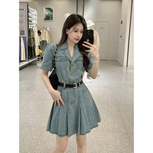 2025 Hong Kong-style denim dress women's summer dress new retro chic skirt niche design feeling waist and thin pleated skirt