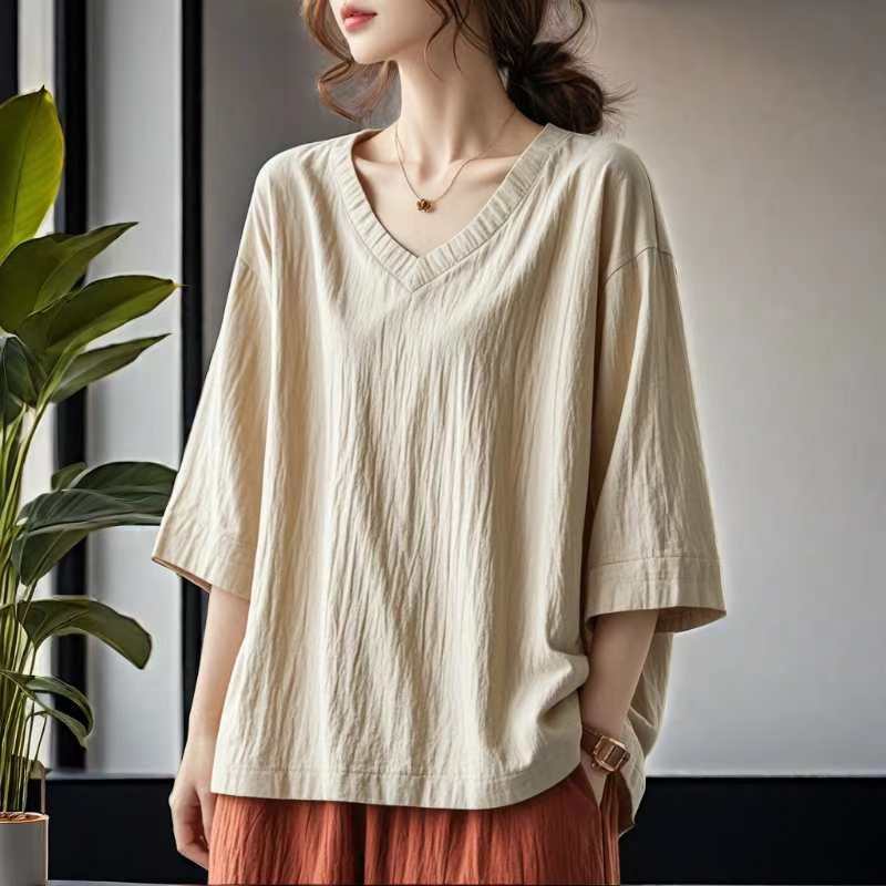 Cotton and linen  summer new loose and versatile large size five-quarter sleeve V-neck T-shirt fat mm literary top bottoming shirt women