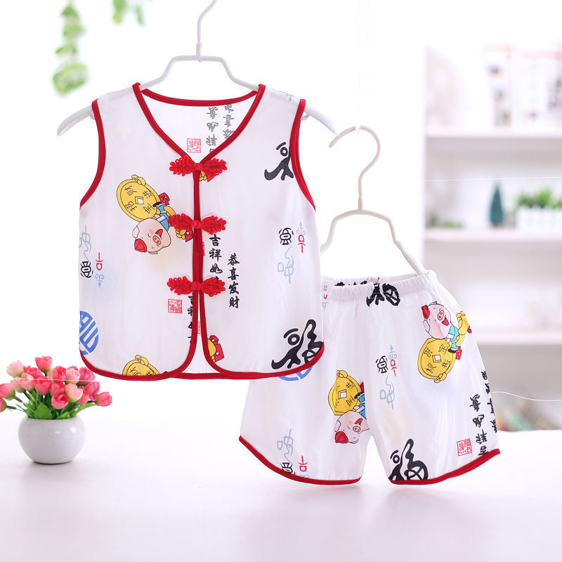 Baby Cotton Silk Clothes Summer Thin Boys Baby Chinese Style Vest Shorts Two-Piece Suit Ethnic Tang Suit Thin