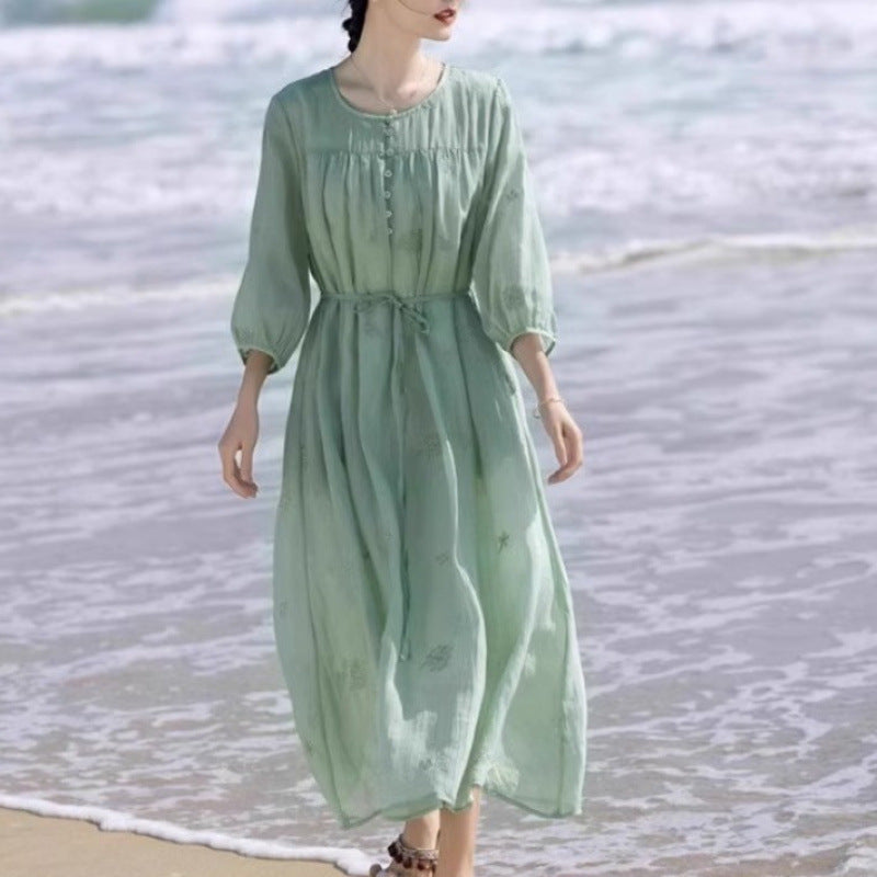 Dress  summer new temperament embroidery thin mid-sleeved big pendulum cool travel fairy vacation dress
