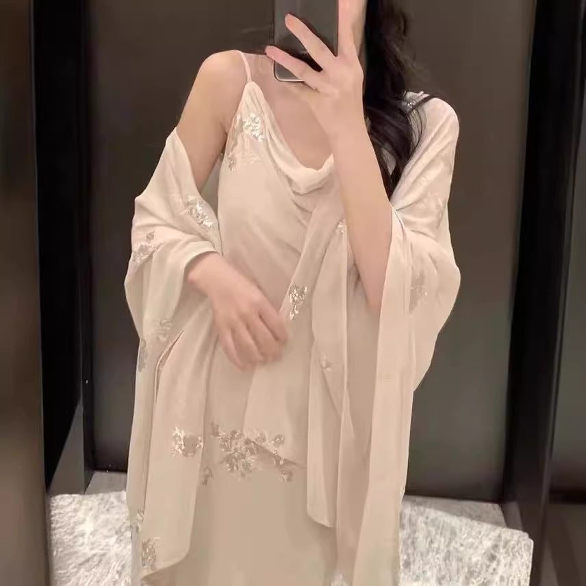 2025 popular  temperament New Chinese style cheongsam embroidered pleated suspender dress + sunscreen shawl two-piece set