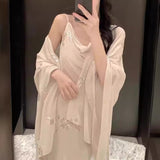 2025 popular  temperament New Chinese style cheongsam embroidered pleated suspender dress + sunscreen shawl two-piece set