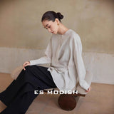 2025 ES MODISH spring new product niche design sense round neck side buckle solid color loose Tencel casual shirt girls