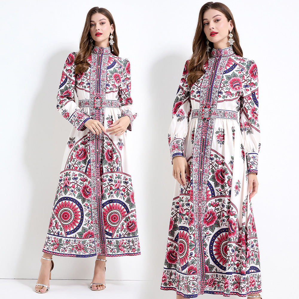 Popular trade women's clothing stand-up collar lantern sleeve retro positioning printing long sleeve waist ruffle edge dress