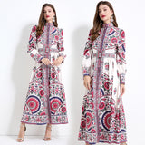 Popular trade women's clothing stand-up collar lantern sleeve retro positioning printing long sleeve waist ruffle edge dress