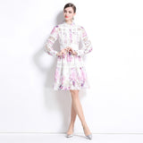 celebrity elegant hollow crochet embroidery splicing waist printing dress women's  fashion A-shaped skirt