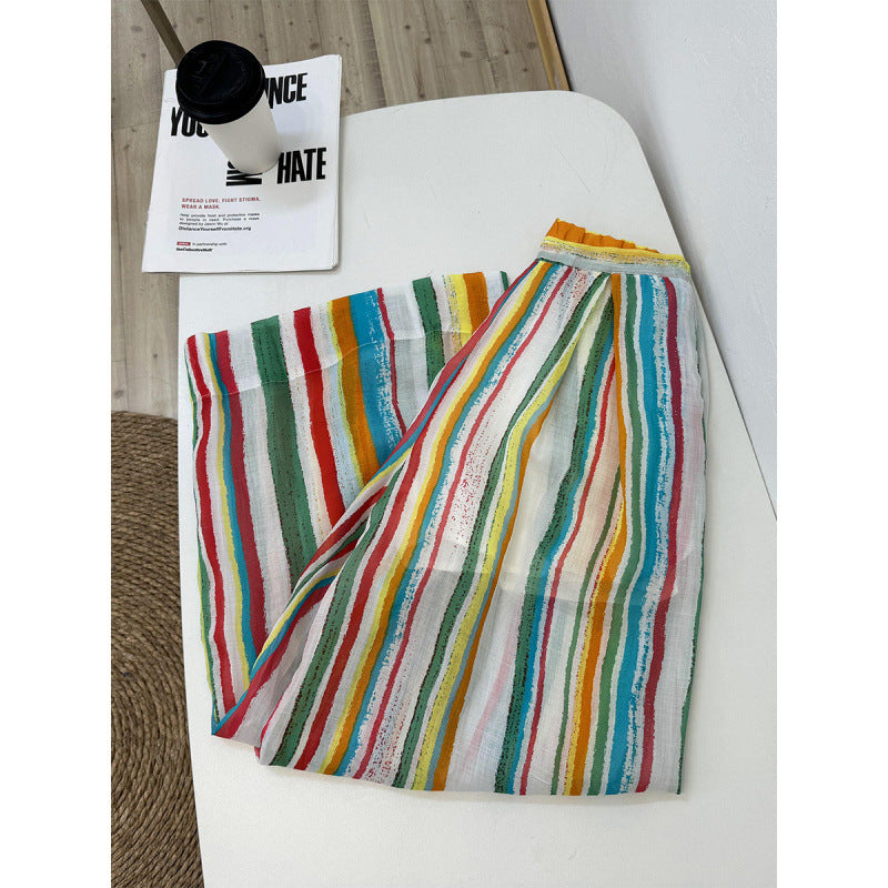 spring and summer fixed dyeing high-count thin cool dopamine rainbow striped pants straight wide-leg trousers women