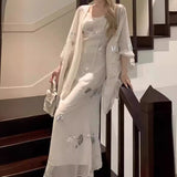 2025 popular  temperament New Chinese style cheongsam embroidered pleated suspender dress + sunscreen shawl two-piece set