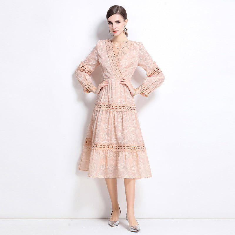 Seaside vacation style lace-up V-neck lace splicing long-sleeved dress women's waist and thin temperament fairy skirt