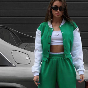 GOOSUDU New 2025 autumn and winter color matching long-sleeved short sweater baseball jacket women's two-piece leggings suit fashion and leisure