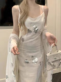 2025 popular  temperament New Chinese style cheongsam embroidered pleated suspender dress + sunscreen shawl two-piece set