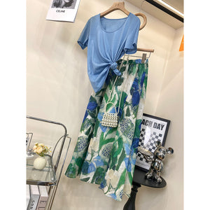 Printed skirt women's  summer new A-shaped pendulum elastic waist thin, meat-covered large flower medium and long skirt children