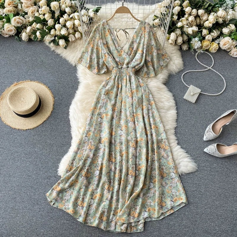 Seaside Holiday Dress Summer 2025 New Sexy V-neck Tight Waist Slimming Long Chiffon Floral Beach Dress