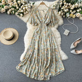 Seaside Holiday Dress Summer 2025 New Sexy V-neck Tight Waist Slimming Long Chiffon Floral Beach Dress